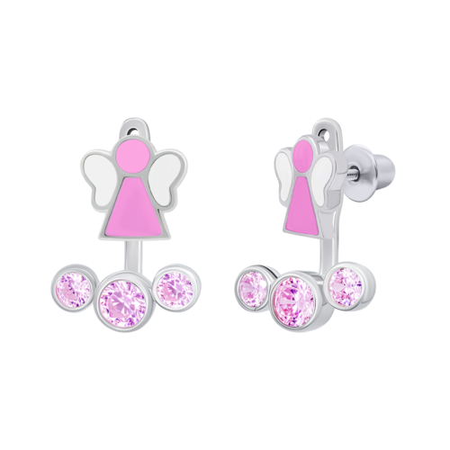 Серьги-джекеты Ангелочек с розовыми эмалью и фианитами фото