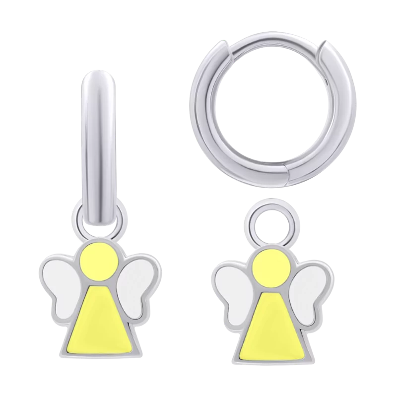 Сережки з підвісами Янголятко з жовтою та білою емаллю, d 12 мм фото