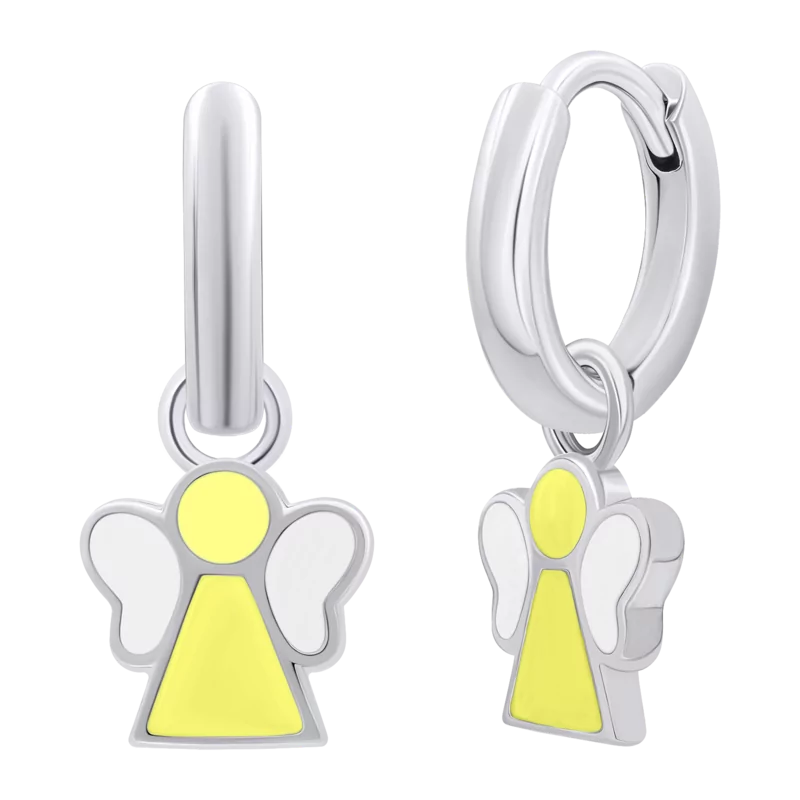 Сережки з підвісами Янголятко з жовтою та білою емаллю, d 12 мм фото