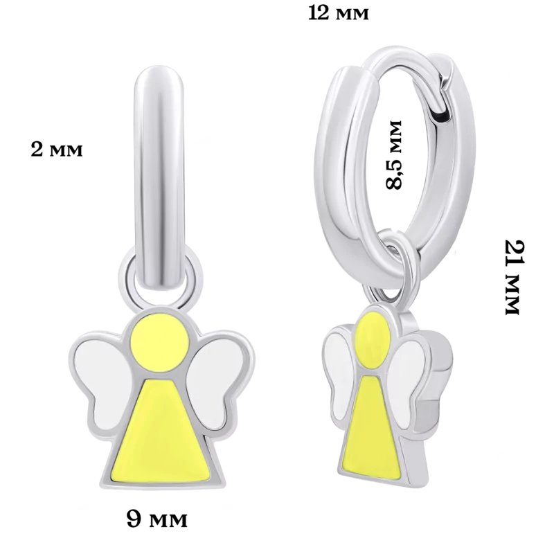 Сережки з підвісами Янголятко з жовтою та білою емаллю, d 12 мм фото