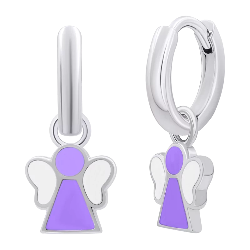 Сережки з підвісами Янголятко з фіолетовою та білою емаллю, d 12 мм фото