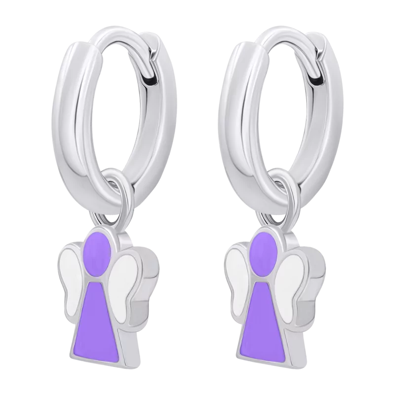 Сережки з підвісами Янголятко з фіолетовою та білою емаллю, d 12 мм фото