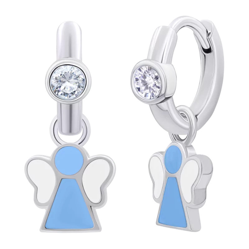 Сережки з підвісами Янголятко блакитне з білими фіанітами фото