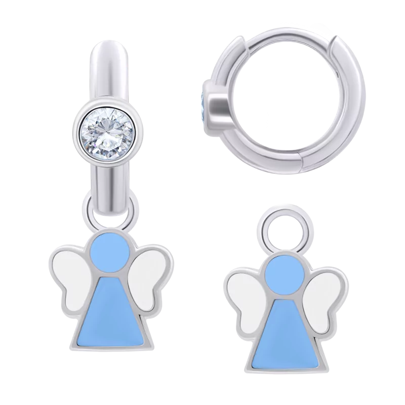 Сережки з підвісами Янголятко блакитне з білими фіанітами фото