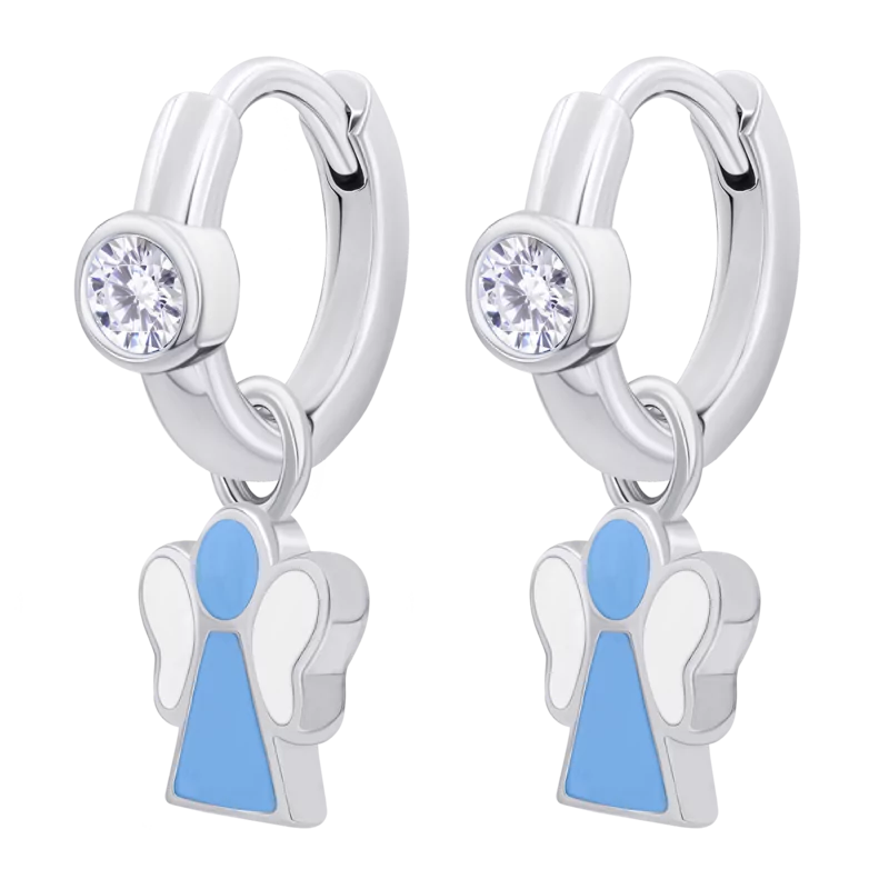 Сережки з підвісами Янголятко блакитне з білими фіанітами фото