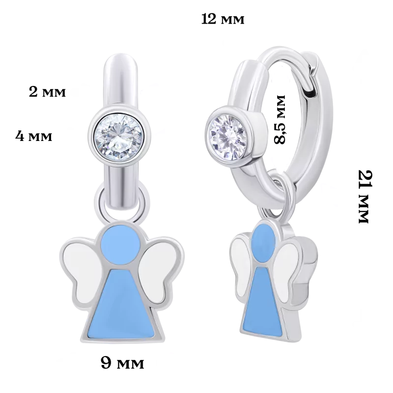 Сережки з підвісами Янголятко блакитне з білими фіанітами фото