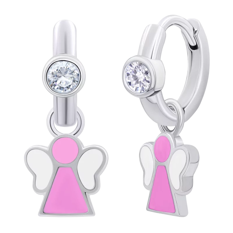 Сережки з підвісами Янголятко рожеве з білими фіанітами фото