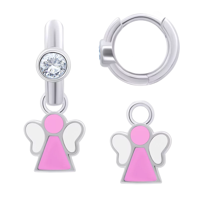 Сережки з підвісами Янголятко рожеве з білими фіанітами фото