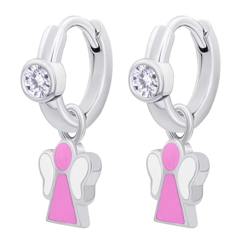 Сережки з підвісами Янголятко рожеве з білими фіанітами фото