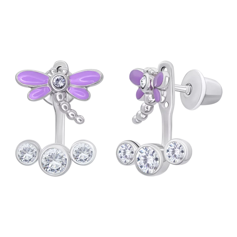 Сережки-джекети Бабка з фіолетовою емаллю та фіанітами фото