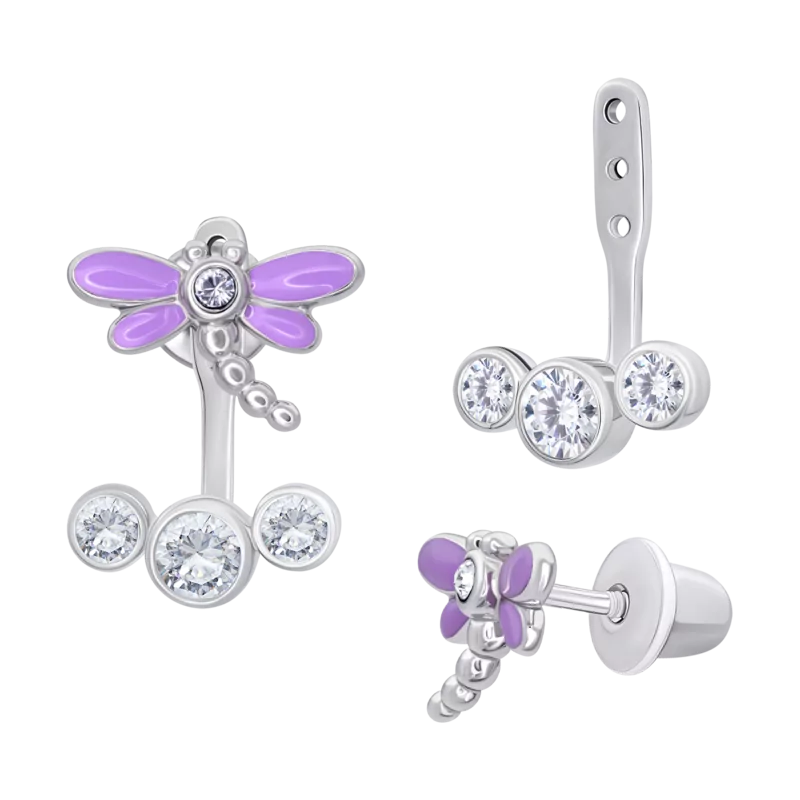 Сережки-джекети Бабка з фіолетовою емаллю та фіанітами фото