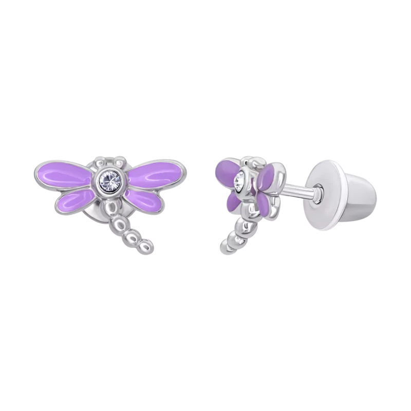 Сережки-джекети Бабка з фіолетовою емаллю та фіанітами фото