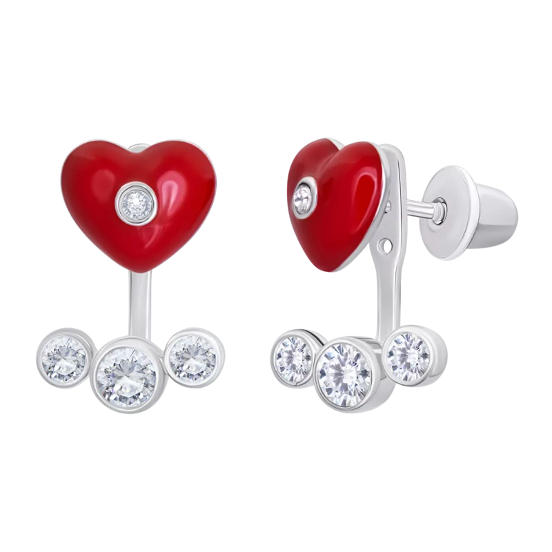 Сережки-джекети Серденько з червоною емаллю та фіанітами фото