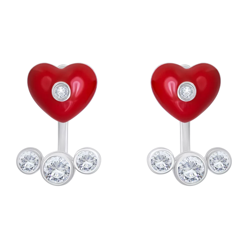 Сережки-джекети Серденько з червоною емаллю та фіанітами фото