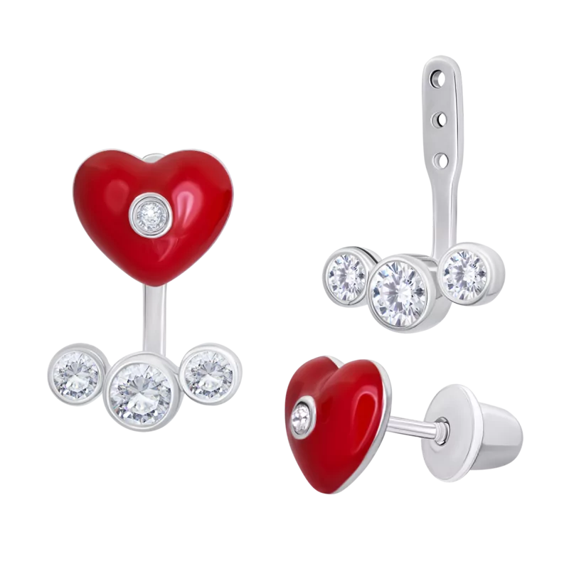 Сережки-джекети Серденько з червоною емаллю та фіанітами фото