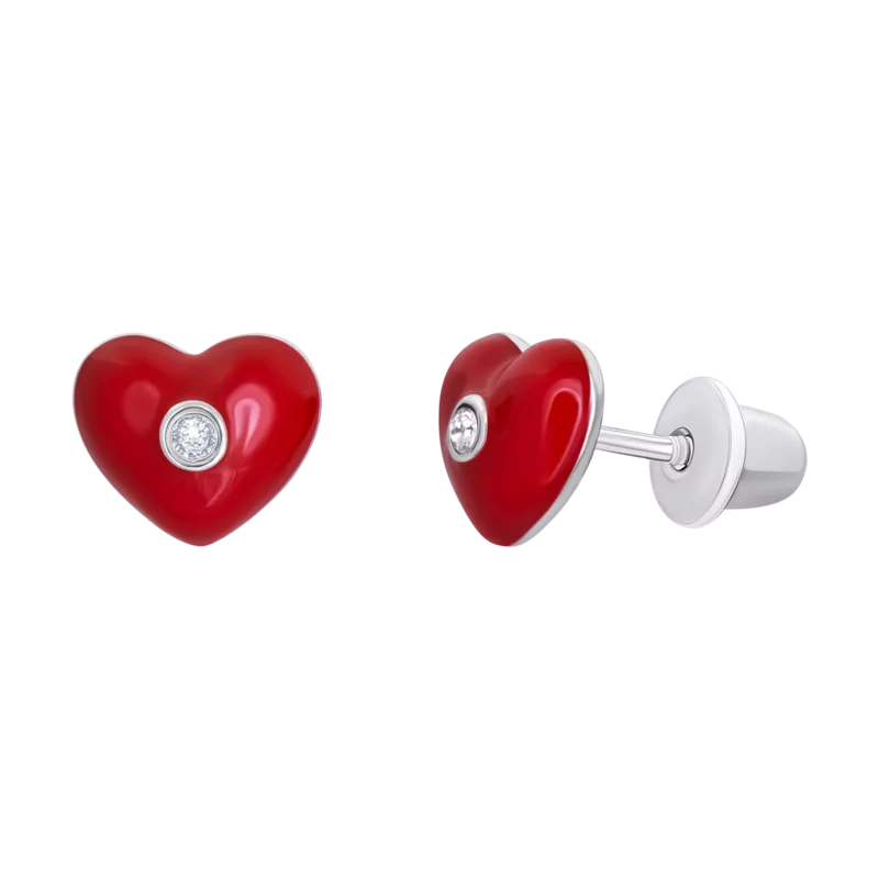 Сережки-джекети Серденько з червоною емаллю та фіанітами фото