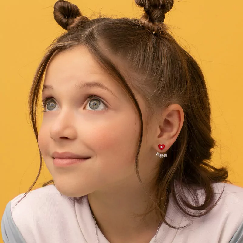 Сережки-джекети Серденько з червоною емаллю та фіанітами фото