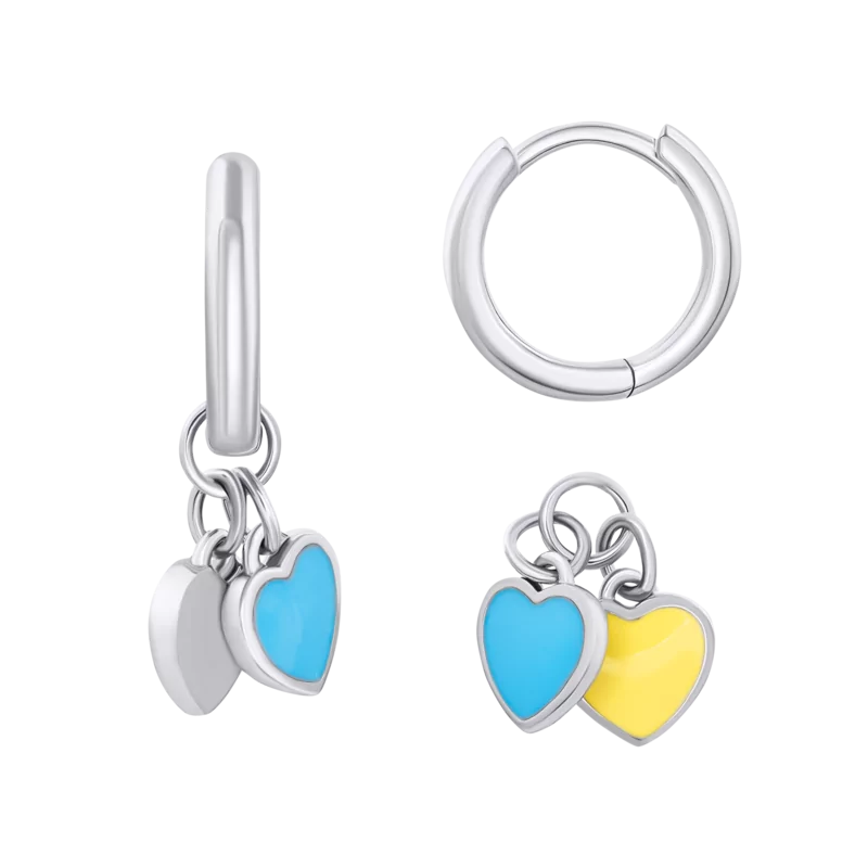 Сережки з підвісами-серцями Україна із жовтою та блакитною емаллю фото