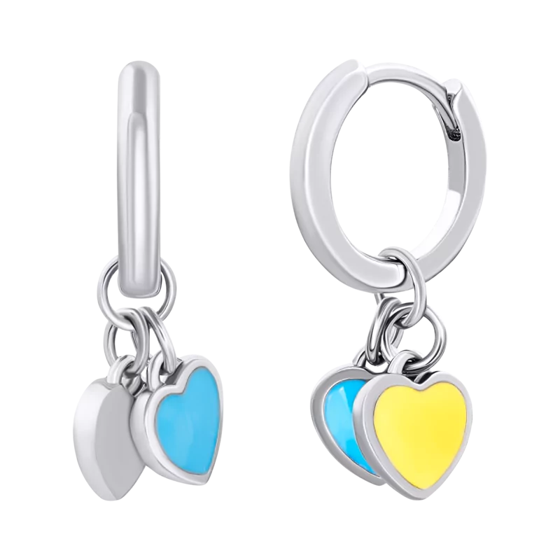 Сережки з підвісами-серцями Україна із жовтою та блакитною емаллю фото