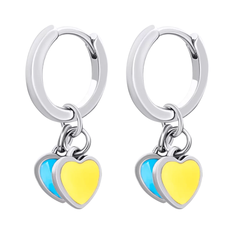Сережки с подвесками-сердцами Украина с желтой и голубой эмалью, d 12 мм фото