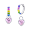 Сережки веселкові з підвісами Серце сяюче з рожевими фіанітами та різнокольоровою емаллю фото №1