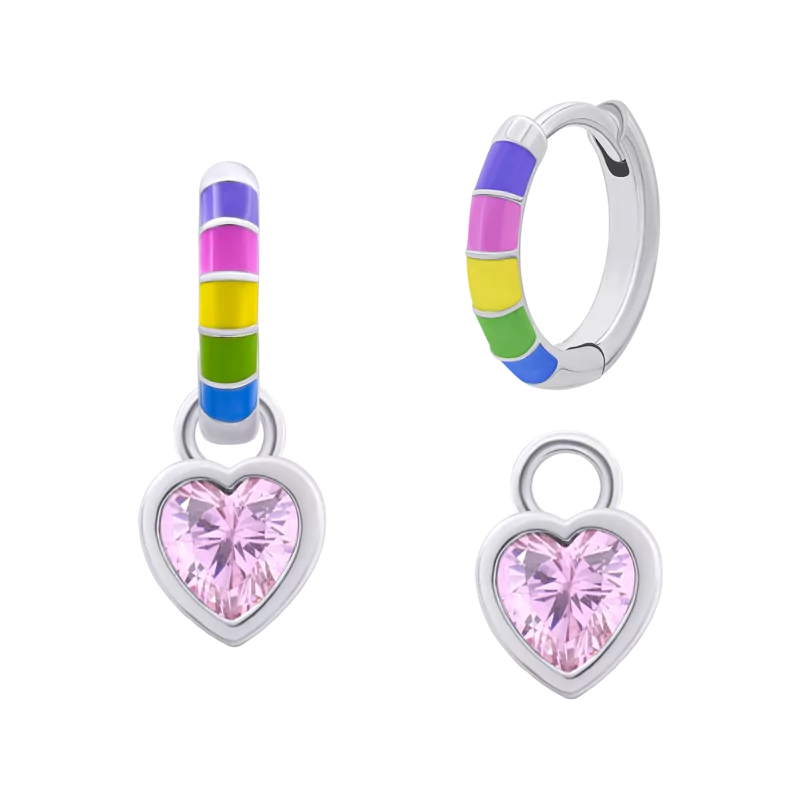 Сережки веселкові з підвісами Серце сяюче з рожевими фіанітами та різнокольоровою емаллю фото