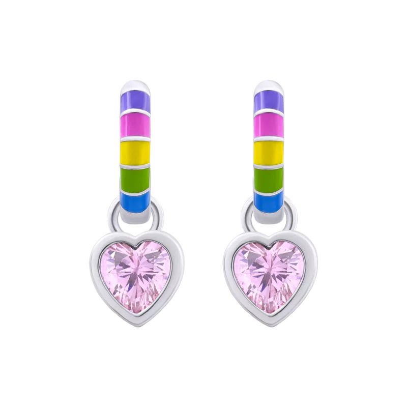 Сережки веселкові з підвісами Серце сяюче з рожевими фіанітами та різнокольоровою емаллю фото