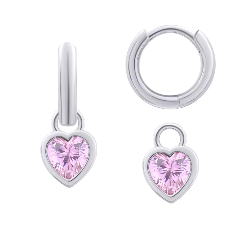 Сережки з підвісами Серце сяюче з рожевими фіанітами, d 12 мм фото