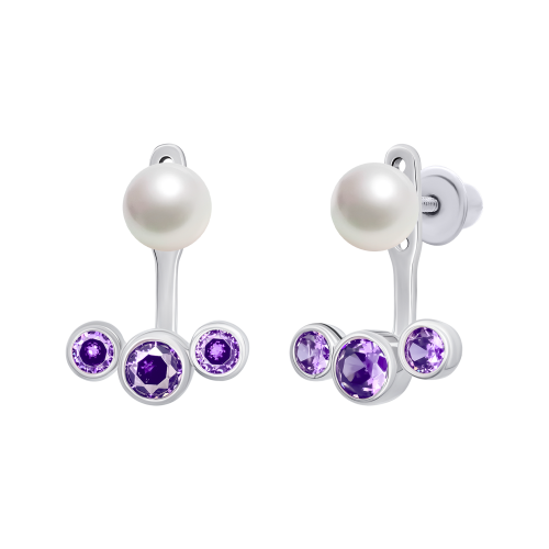 Сережки-джекети Перлинка з фіолетовими фіанітами фото