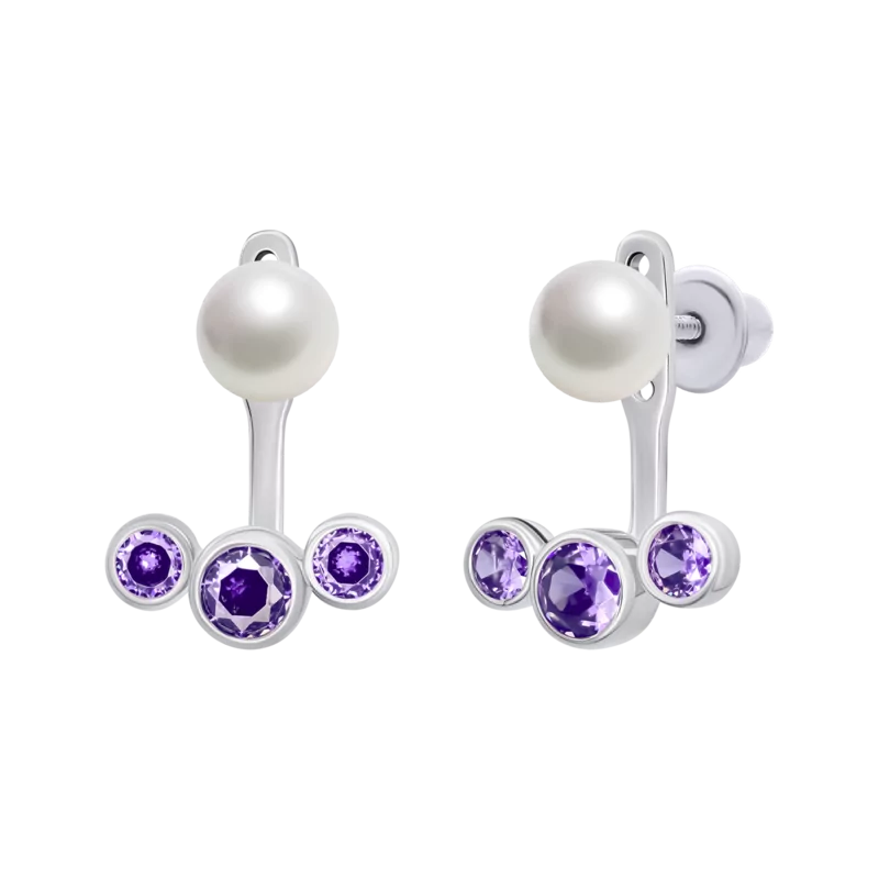 Jacket earrings Pearl with violet Cubic Zirconia photo