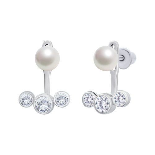 Сережки-джекети Перлинка з білими фіанітами фото