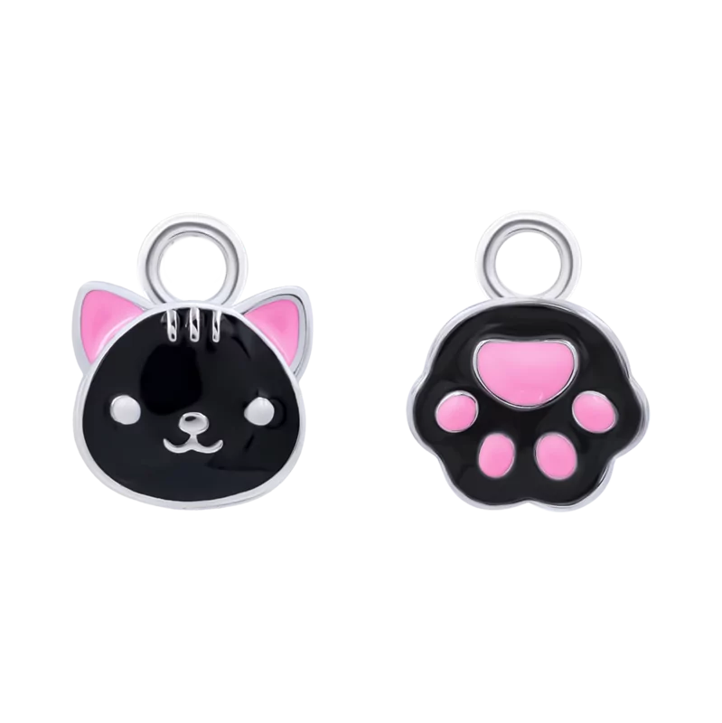 Підвіски до сережок Котик з лапкою із чорною й рожевою емаллю фото