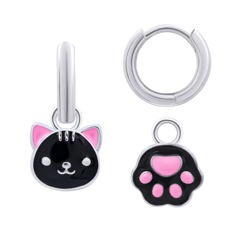 Підвіски до сережок Котик з лапкою із чорною й рожевою емаллю фото