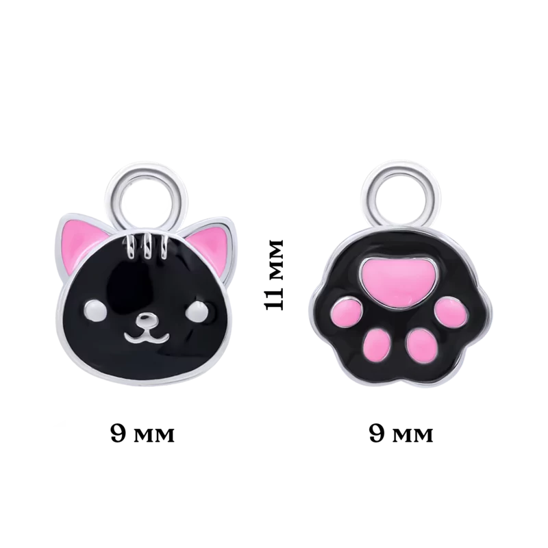Підвіски до сережок Котик з лапкою із чорною й рожевою емаллю фото